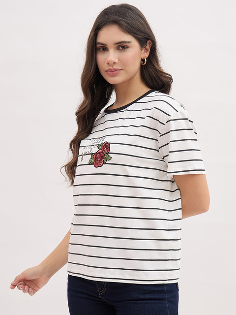 Madame Off White Striped with Print Half Sleeve T-Shirt
