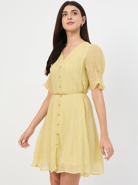 Madame Butter Yellow Fit and Flare Lyocell Dress with Chain Belt