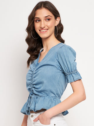 Madame Ruched Front Tie Detail Indigo Peplum Top