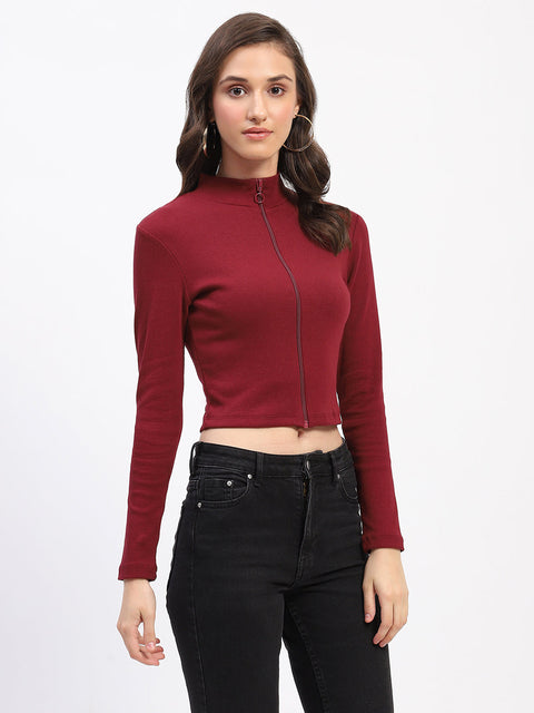 Madame Ribbed Mock Neck Zipped Bodycon Wine Top