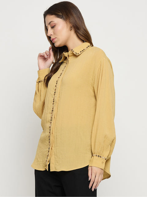Madame Yellow Embellished Rayon Full Sleeve Shirt