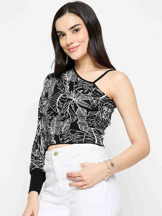 Madame Printed One Shoulder Black Knitted Top