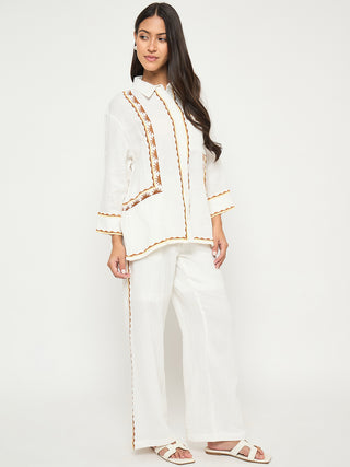 Madame Printed Shirt and Trousers White Cotton Co-ord Set