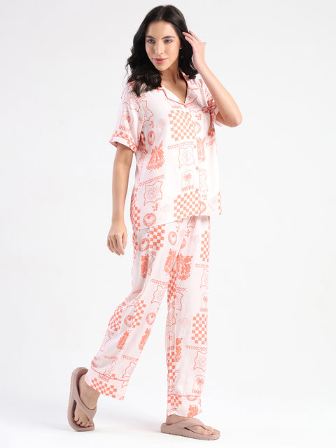 mSECRET Geometric Print Top and Bottoms Coral Pink Nightsuit