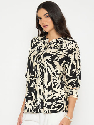 Madame Botanical Print Black Rayon Blend Top