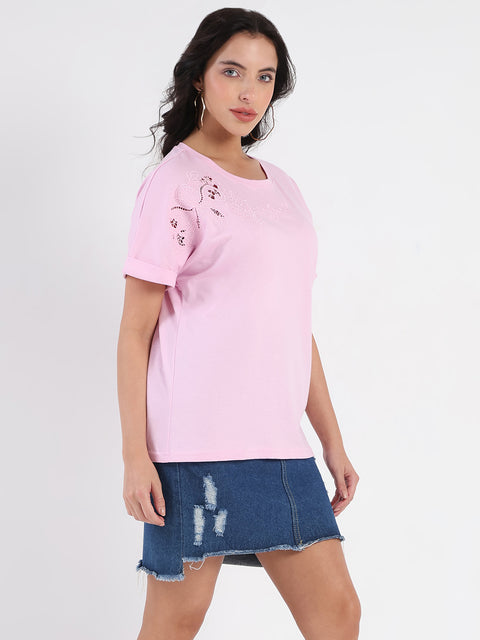 Madame Embroidery Cutwork Detail Solid Lilac Cotton T-shirt