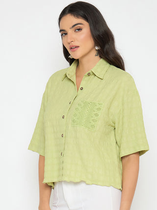 Madame Textured Pocketed Light Green Shirt
