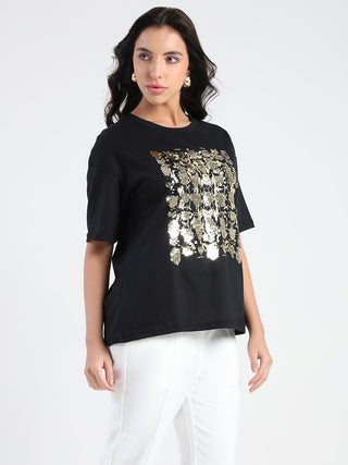 Madame Front Embellished Solid Black Cotton T-shirt