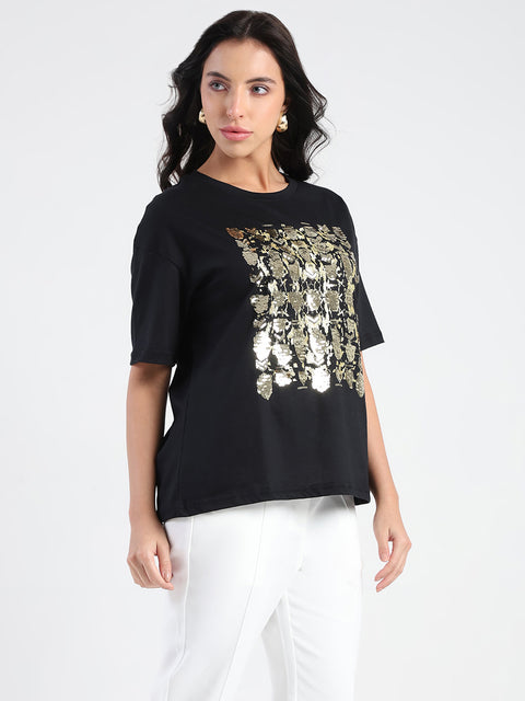 Madame Front Embellished Solid Black Cotton T-shirt