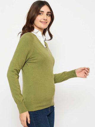 Madame V Neck Skinny Fit Olive Sweater