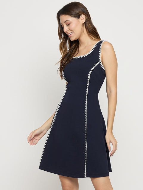 Madame Navy Rayon Blend Sleeveless Fit and Flare Mini Dress