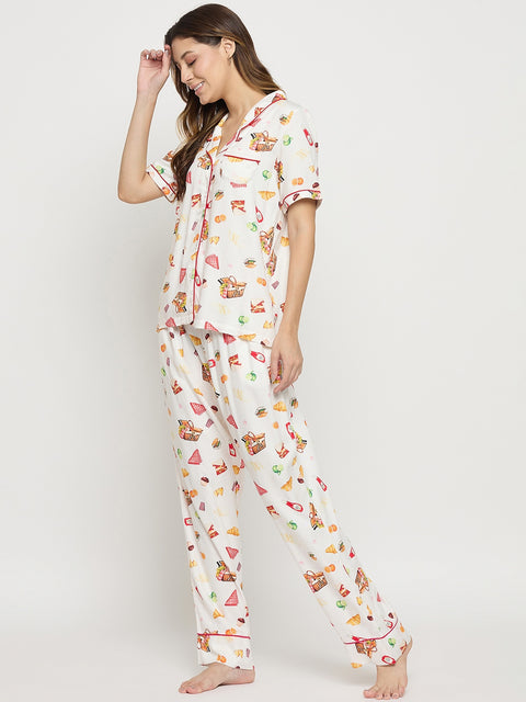mSECRET Off White Printed Rayon Spread Collar Short Sleeve Night Suit