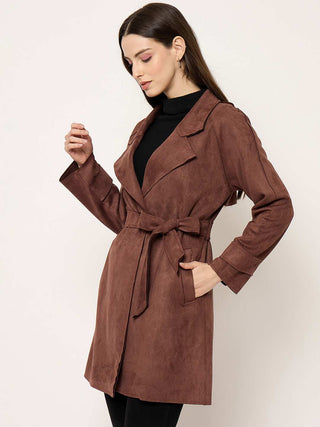 Madame Brown Trench Coat with Notch Lapel Neckline and Belt