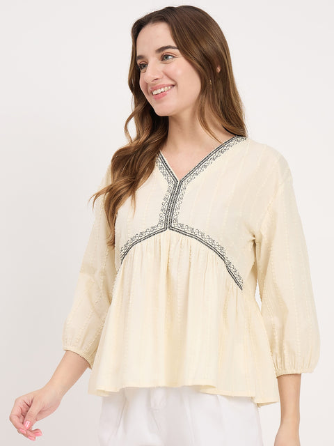 Madame Off White Cotton Lace Detail V-Neck Puff Sleeve Top