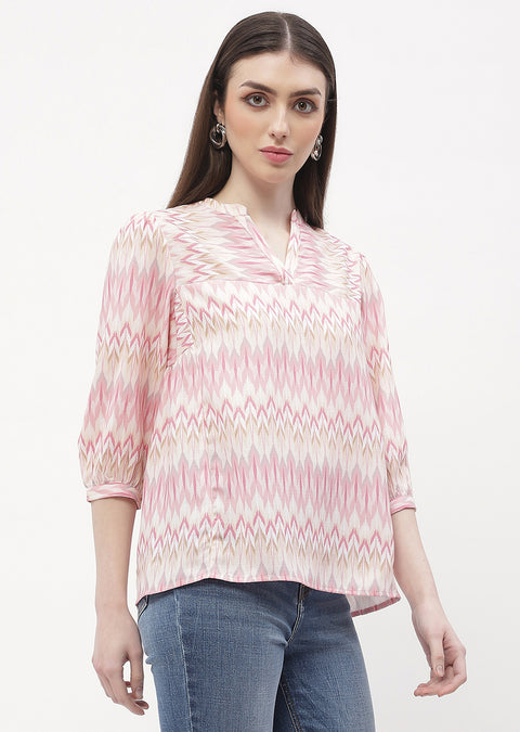 Madame Mandarin Collar Peach Abstract Print Top
