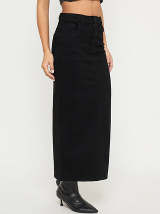 Madame Solid Jet Black Cotton Blend Maxi Denim Skirt