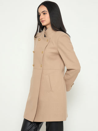 Madame Beige Long Coat with Stand COllar and Buttons