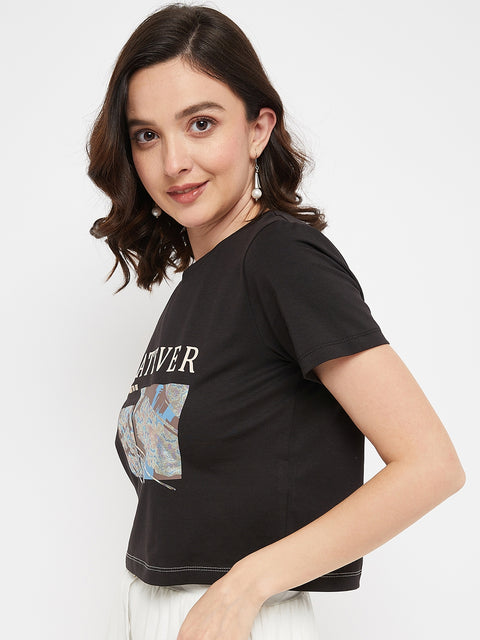 Madame Black Typography Cotton T-Shirt