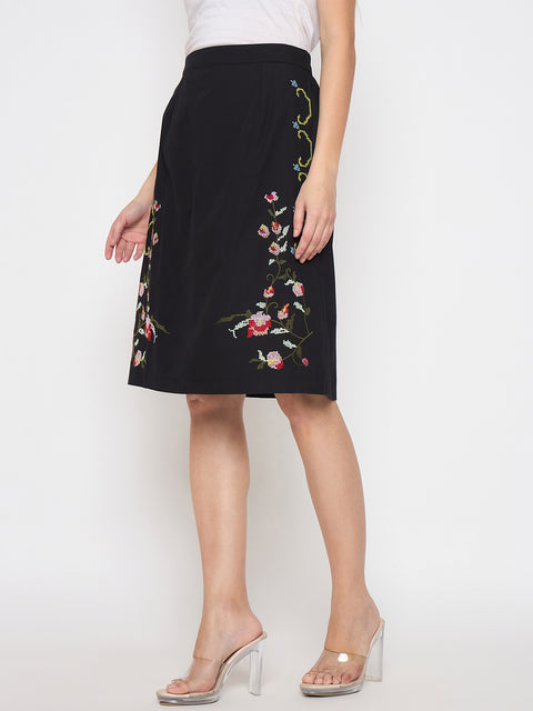 Madame Floral Embroidered Black Cotton Mini Skirt