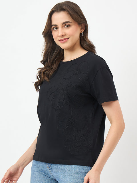 Madame Black Cotton Half-Sleeve T-Shirt