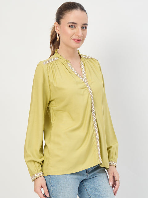 Madame Lime Viscose Embroidery Trim Sleeveless Top