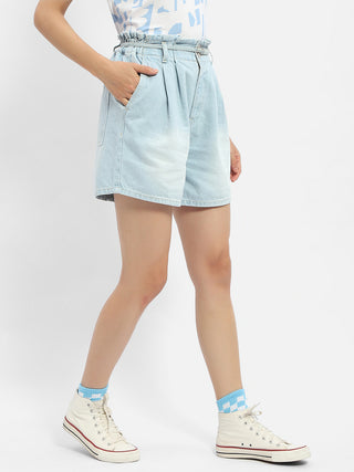 Madame Belted Waist Light Blue Denim Shorts