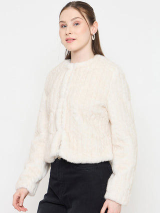 Madame Off White Round Neck Pearl Embellished Blazer