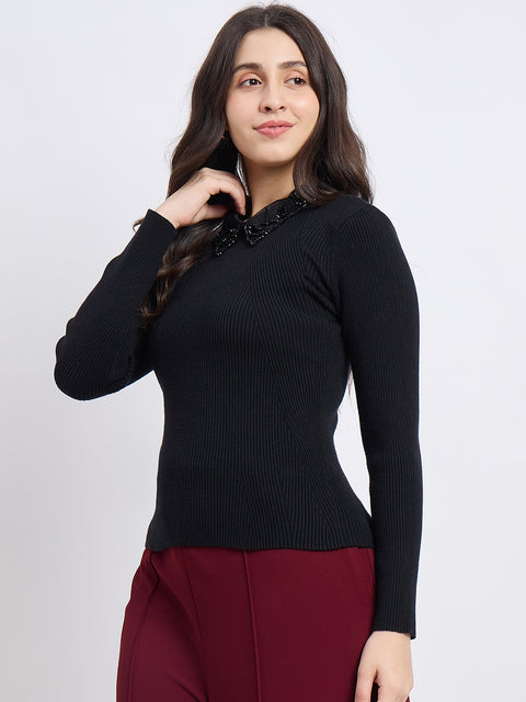 Madame Designer Collar Black Sweater