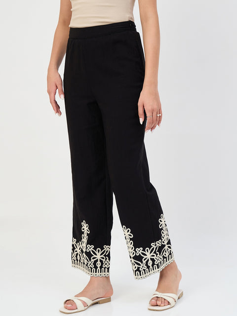 Madame Black Embroidered Cotton-Blend Trousers