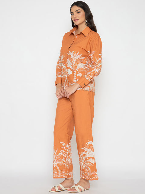 Madame Botanical Print Shirt and Bottoms Warm Amber Co-ord Set