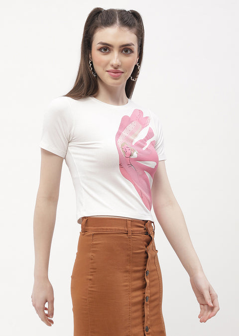 Madame Graphic Print Off-White Ribbed T-Shirt