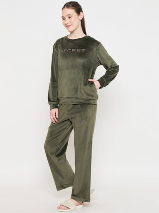 mSECRET Round Neck Embellished Green Sweatshirt