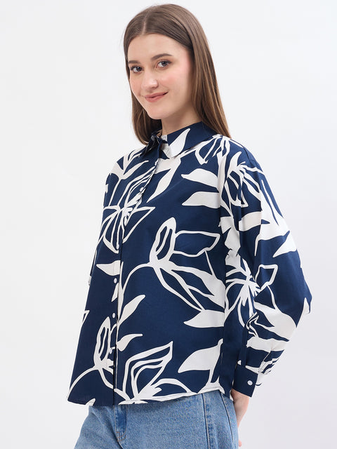 Madame Printed Blue Cotton Shirt