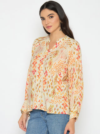 Madame All Over Print Beige Rayon Blend Top