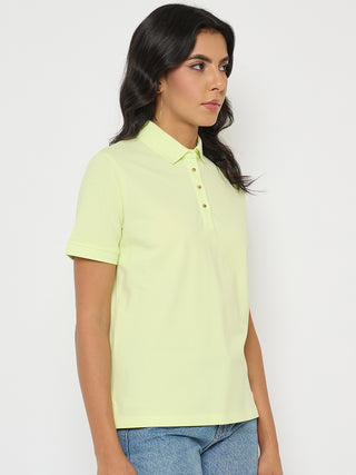 Madame Lime Yellow Cotton Blend Polo T-Shirt