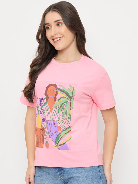 Madame Pink Graphic Print Cotton Round Neck T-Shirt