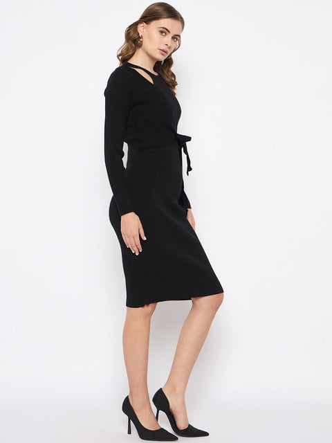 Madame Full Sleeve Tie Waist Black Knit Dress