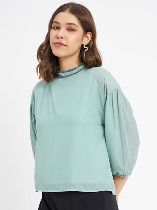 Madame Embellished Neckline Turtle Neck Solid Mint Green Top