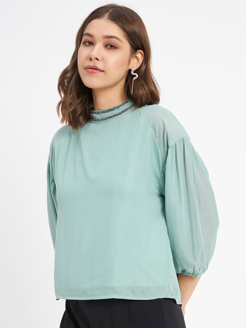 Madame Embellished Neckline Turtle Neck Solid Mint Green Top