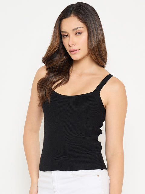 Madame Camisole Neck Black Knit Crop Top