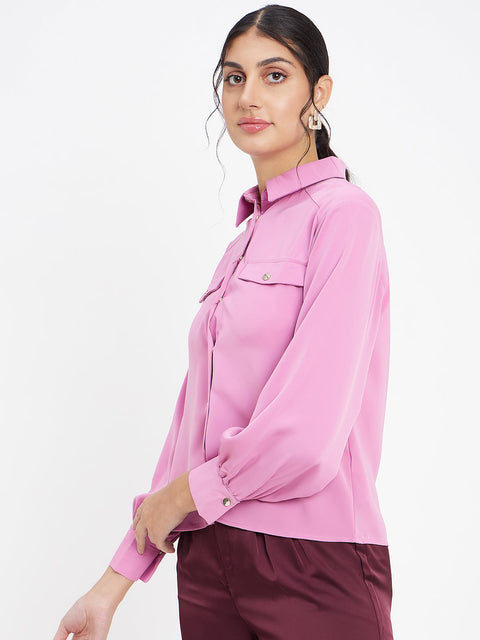 Madame Polo Neck Solid Pink Shirt