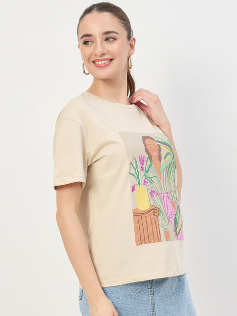 Madame Beige Graphic Print Cotton Round Neck T-Shirt