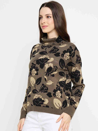 Madame Floral Print Turtleneck Olive Green Sweater