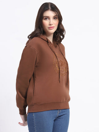 Madame Fleece Embroidered Closed Brown Hooded Sweatshirt