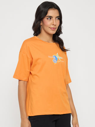 Madame Front and Back Graphic Print Orange Cotton T-Shirt