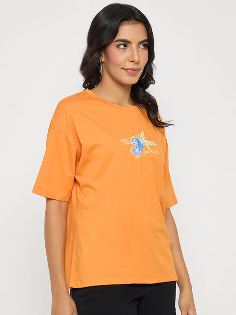 Madame Front and Back Graphic Print Orange Cotton T-Shirt