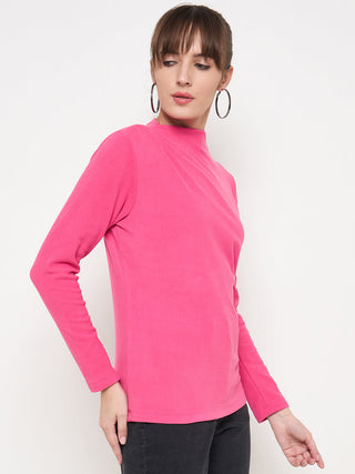 Madame Funnel Neck Full Sleeve Seam Detailed Solid Pink Knitted Top