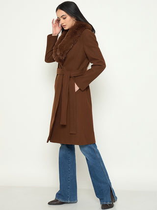 Madame Brown Long Coat with Faux Fur Shawl Collar and Belt