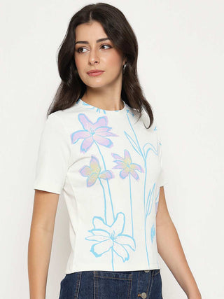 Madame Floral Print Sequin Detailed White T-Shirt