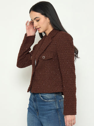 Madame Front Flap Pockets Textured Brown Blazer